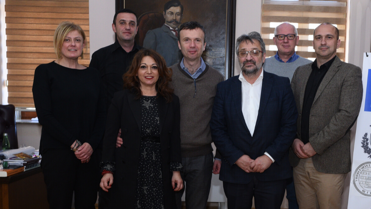 KEP GECCOSPARK Project launch (Skopje 12-14 Feb. 2020). From left: Costanza Bonadiman, Igor Milcov (GAYA NGO, Skopje), Annalisa Martucci, Gianluca Bianchini, Blazo Boev (Rettore della Goce Delcev University); Piero Gianolla, Nenad Taneski, Dep. of Military Science, Skopje