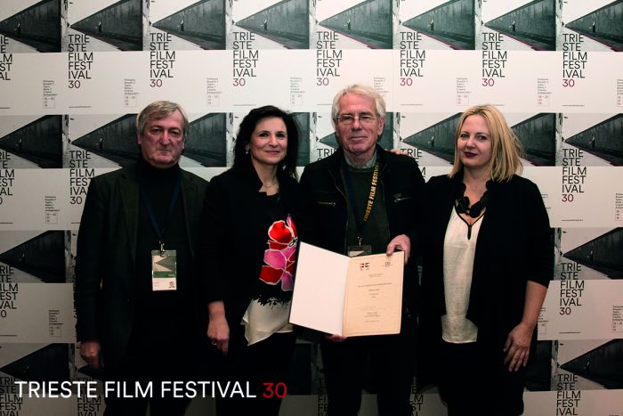  from left: Fabrizio Grosoli (TSFF), Barbara Fabro (CEI), Želimir Žilnik, Nicoletta Romeo (TSFF) (Trieste, 19 January 2019)